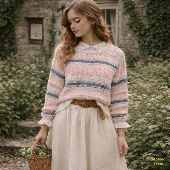 Liz Claiborne Sweaters - Liz Claiborne Lizwear Cottagecore Hand Knit Silk Blend Striped Sweater Women's M